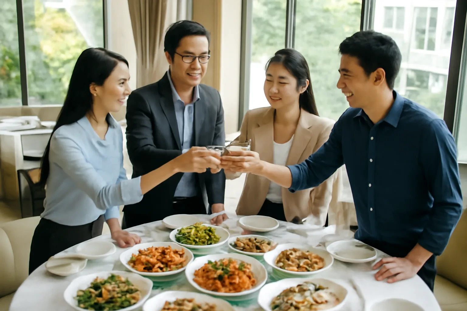Bàn tiệc tròn có mâm xoay, khách Việt và khách Trung đứng lên cụng ly