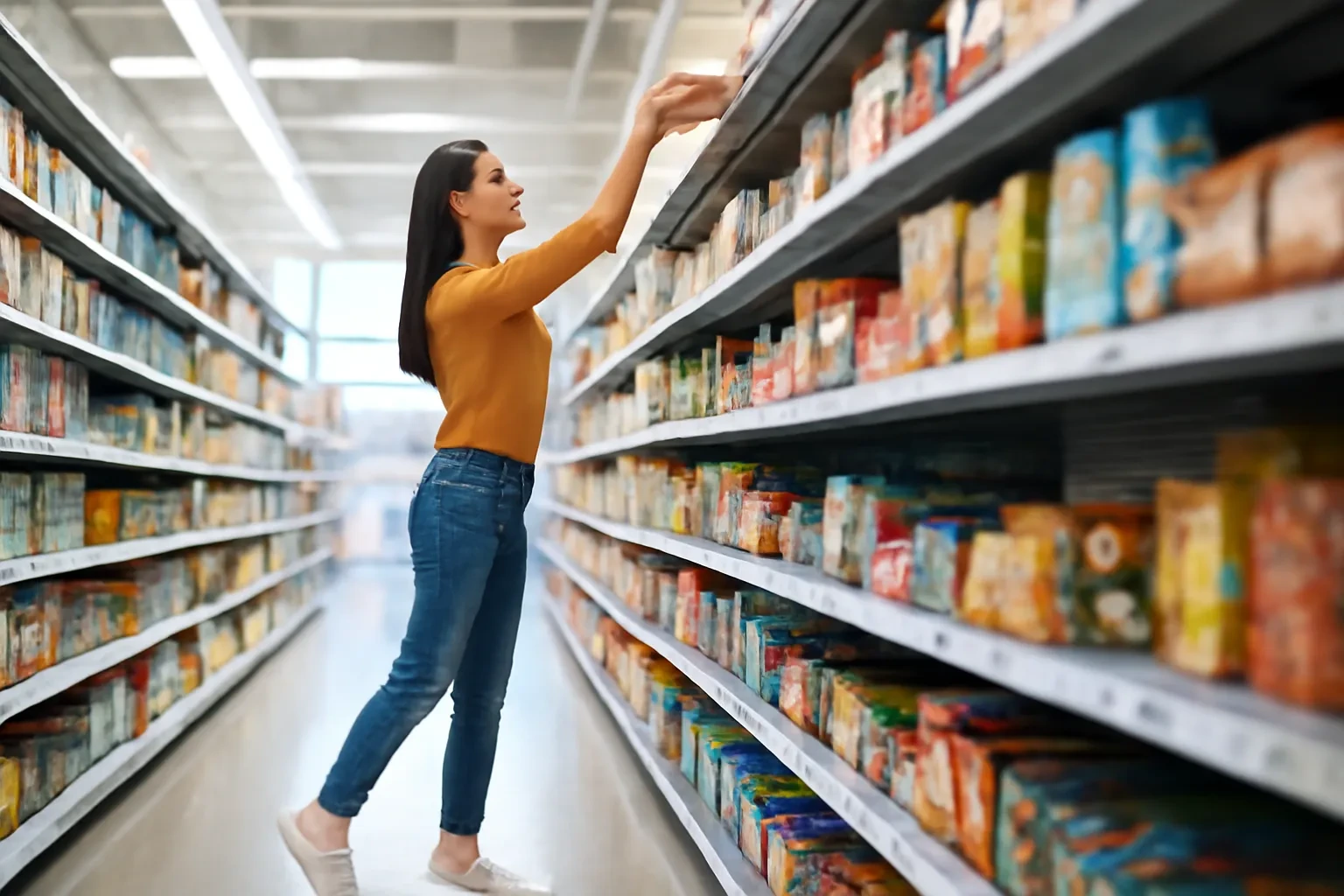 Cô gái kiễng chân với lấy chiếc hộp trên kệ cao trong siêu thị sáng sủa