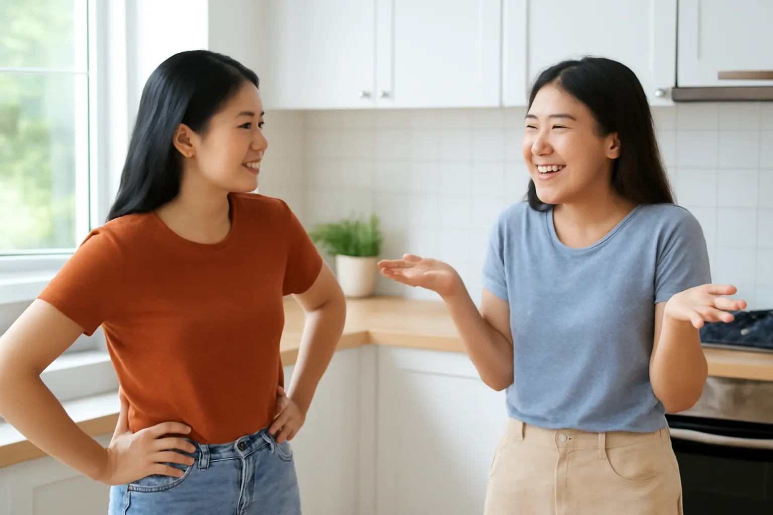 Hai bạn cùng phòng đùa cãi nhau trong bếp, một người chống nạnh, người kia nhún vai cười