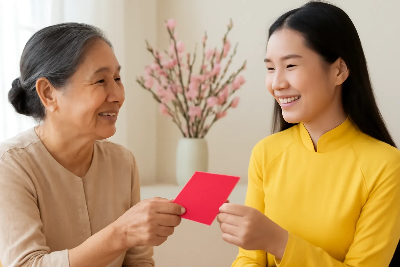 Bà trao phong bao đỏ cho cháu gái mặc áo dài vàng, phía sau là cành đào trong bình