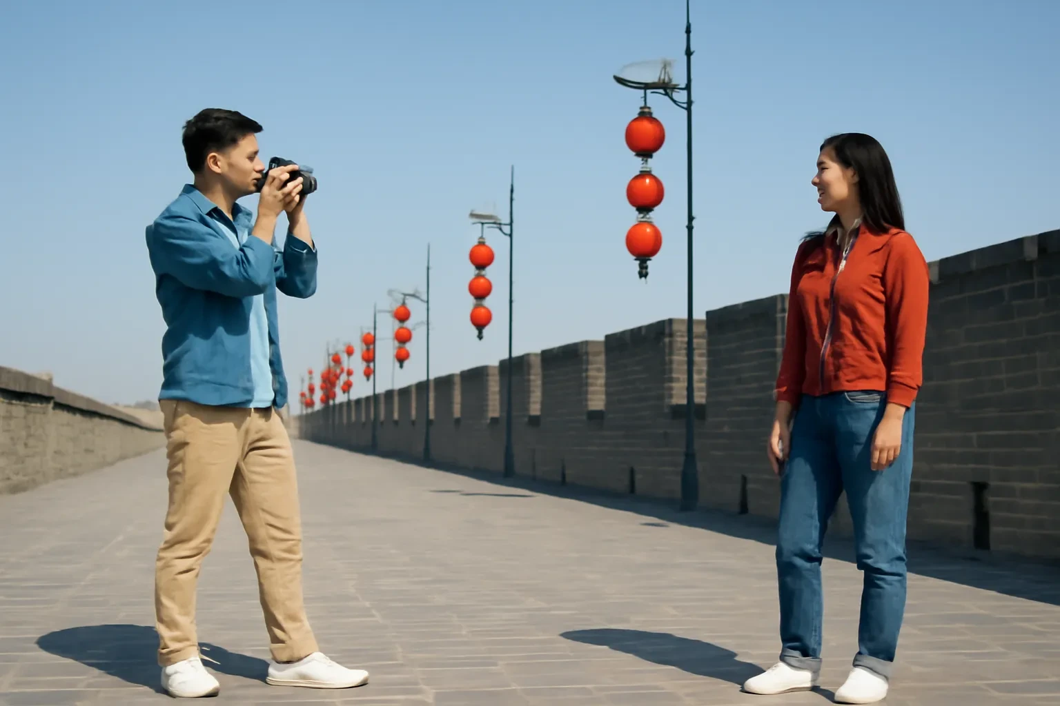 Cặp vợ chồng chụp ảnh cho nhau trên tường thành cổ Tây An dưới trời xanh