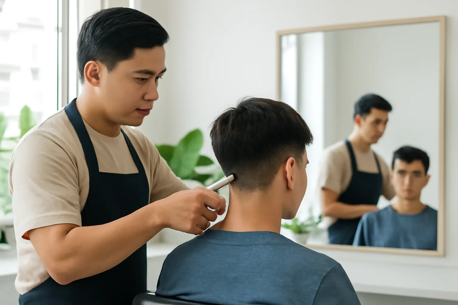Thợ cắt tóc đang tỉa phần tóc sau gáy cho chàng trai trong tiệm tóc sáng sủa
