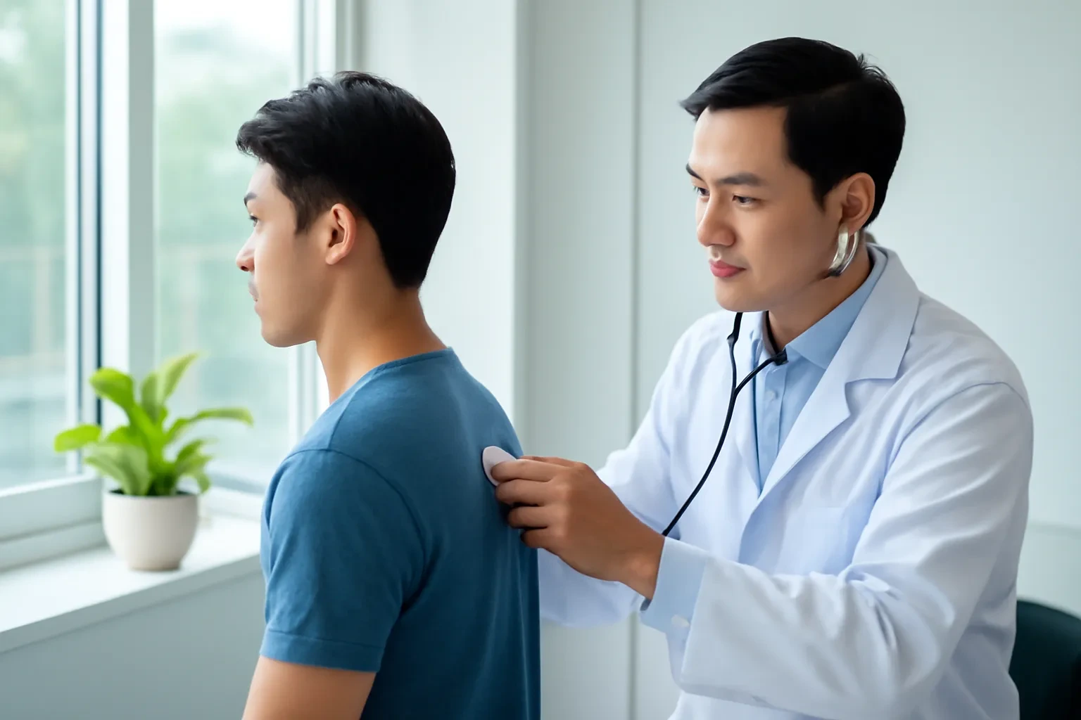 Bác sĩ áo trắng dùng ống nghe khám cho một thanh niên trong phòng khám sáng
