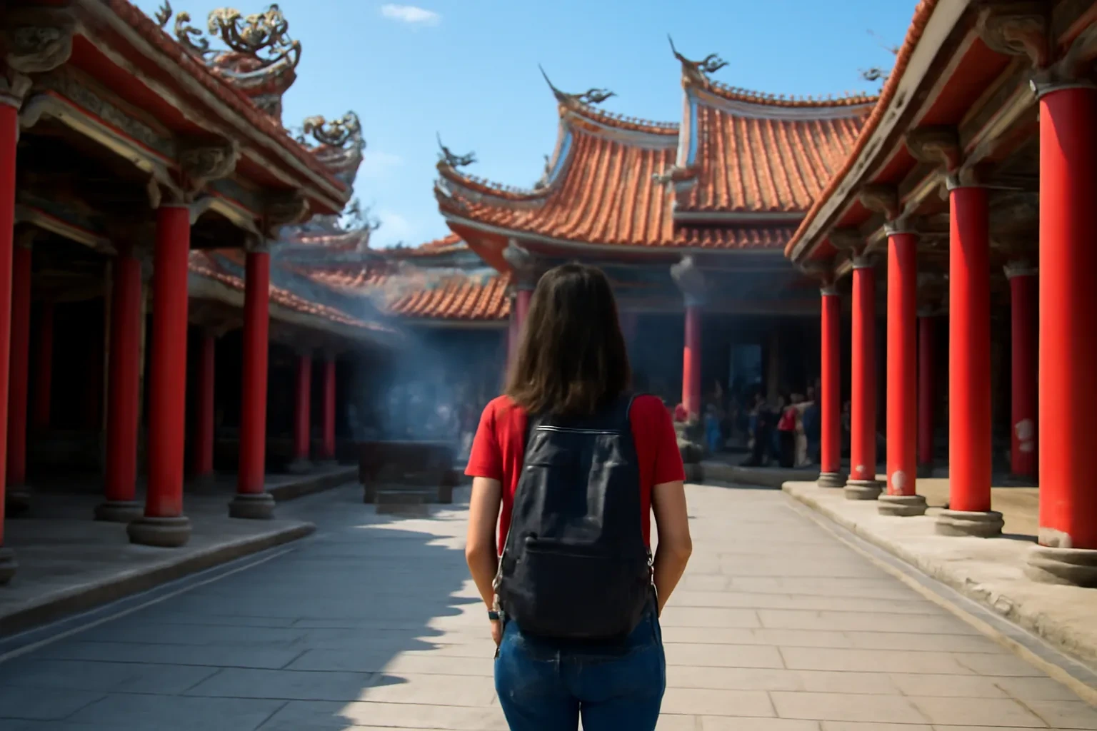 Cô gái đeo ba lô đi giữa sân một ngôi chùa ở Đài Loan buổi sáng