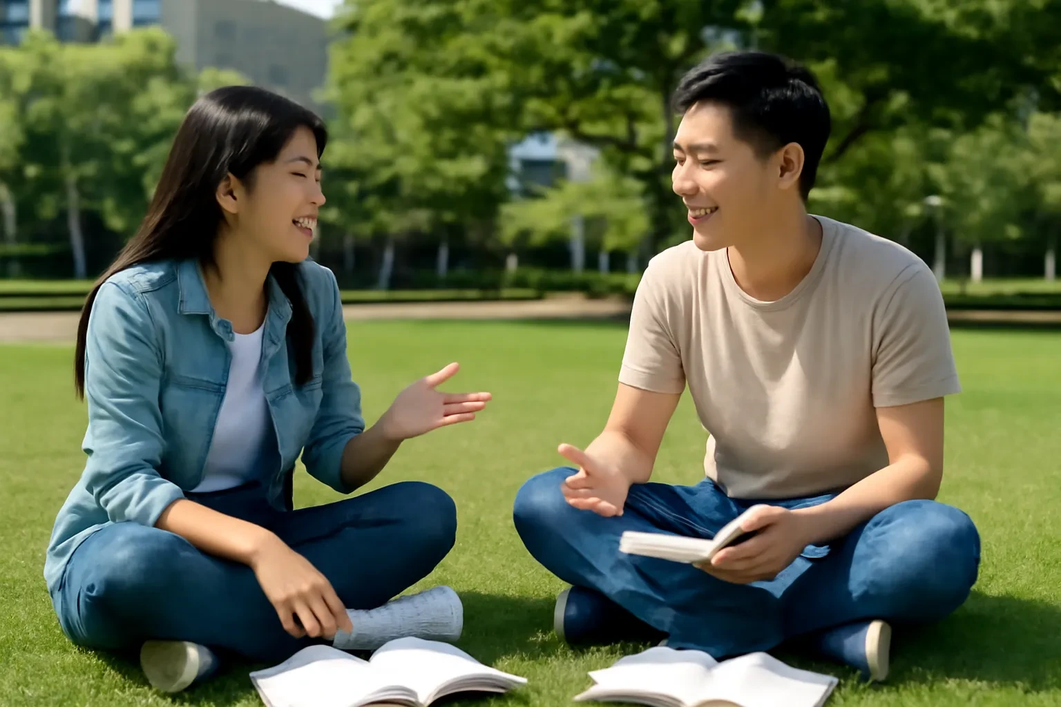 Hai sinh viên ngồi xếp bằng trên bãi cỏ trường học, đố bài nhau