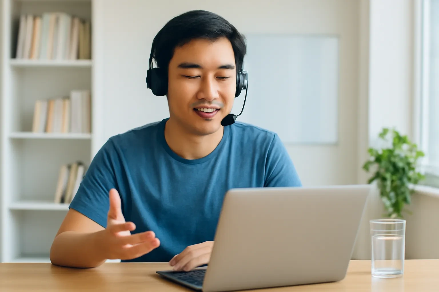 Chàng trai đeo tai nghe có micro luyện nói trước máy tính trong phòng học yên tĩnh