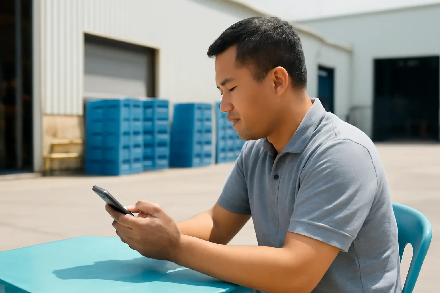 Người đàn ông trung niên ngồi bàn nhựa trước kho hàng, chăm chú gõ điện thoại
