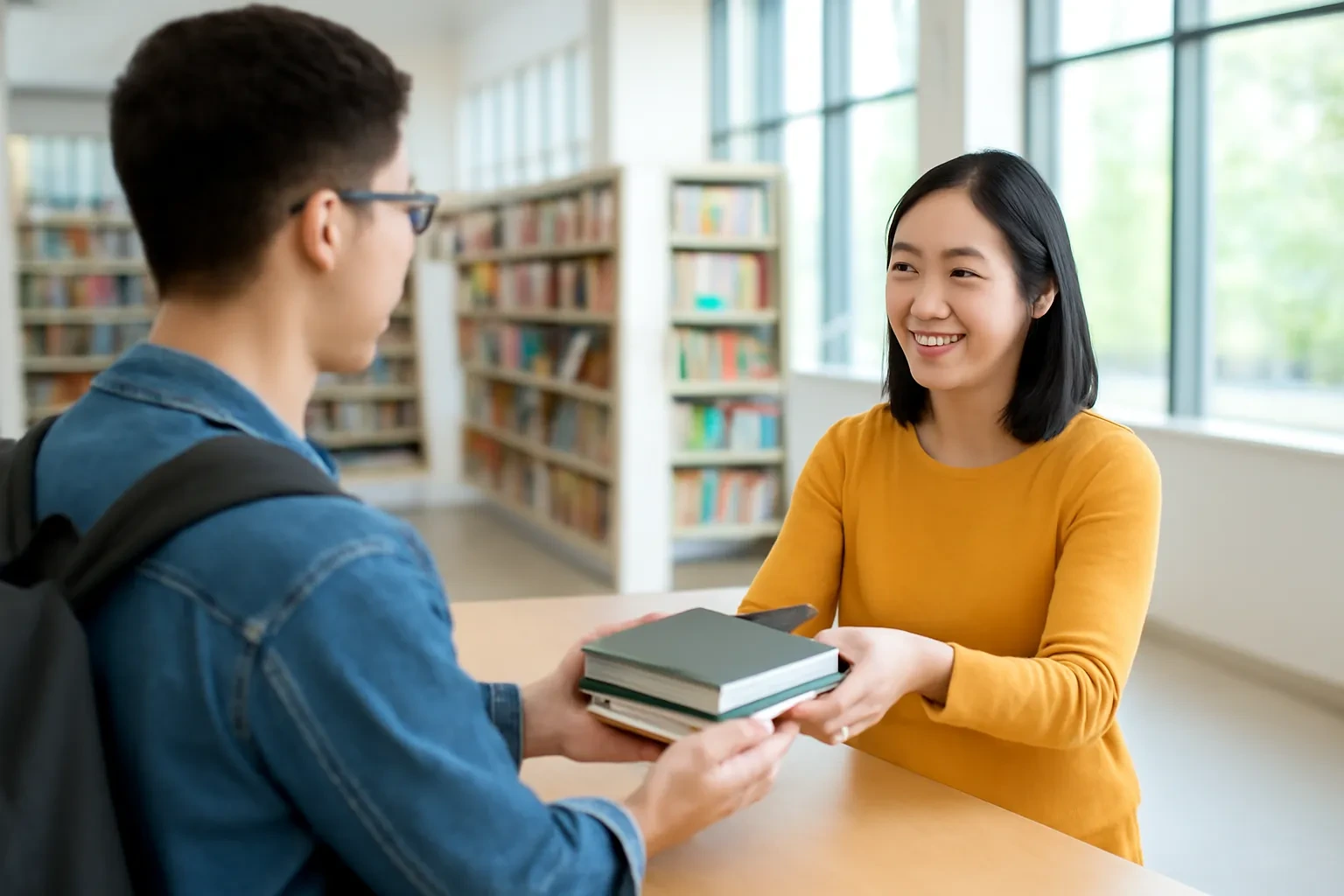 Sinh viên trả hai cuốn sách gấp lại cho cô thủ thư ở quầy thư viện sáng sủa