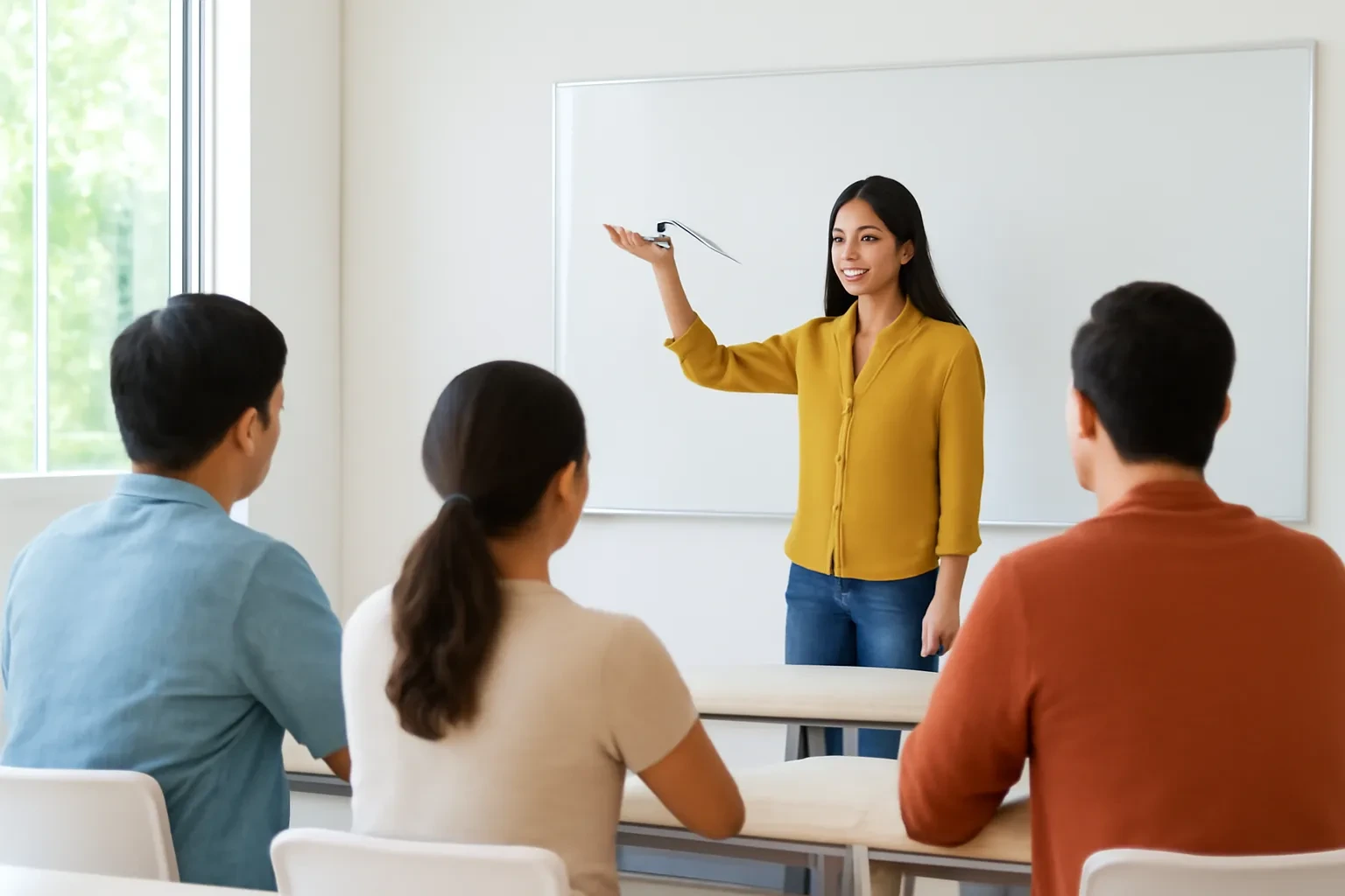 Cô giáo đưa tay vẽ đường lượn trong không trung, ba học viên ngồi chăm chú theo dõi