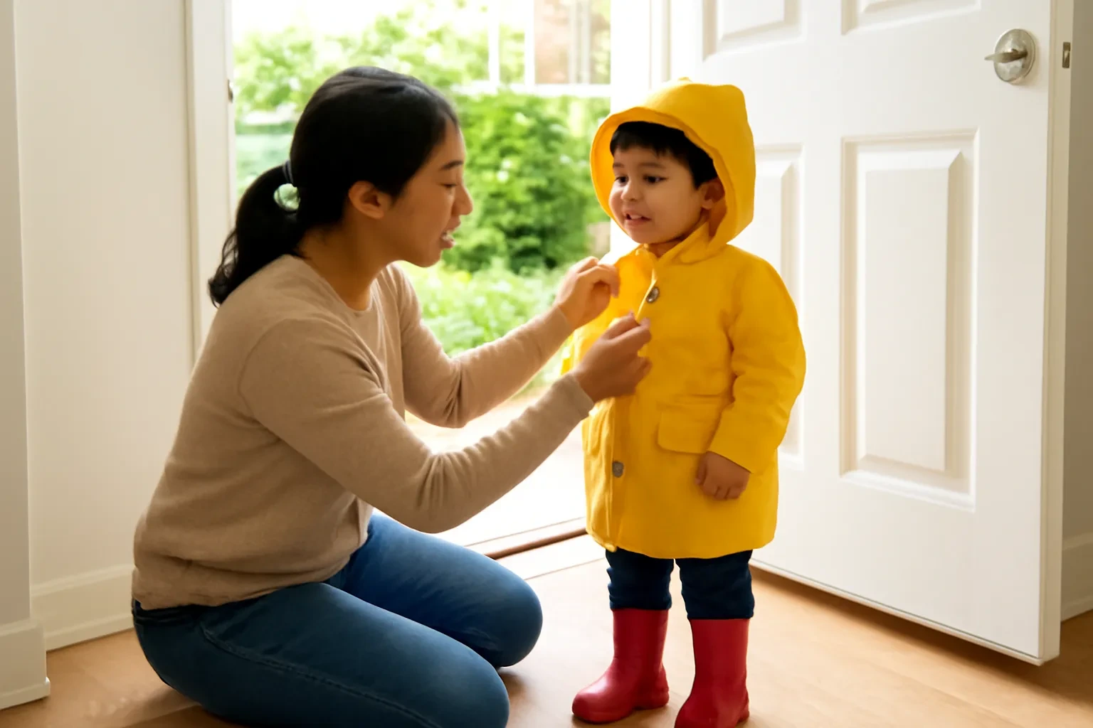 Người mẹ quỳ xuống giúp con trai mặc áo mưa vàng và đi ủng đỏ ở cửa nhà